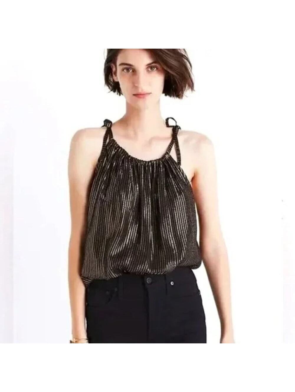 Madewell EUC Women's Silk Blend Metallic Stripe Cami Tank Top Black Gold Size 0